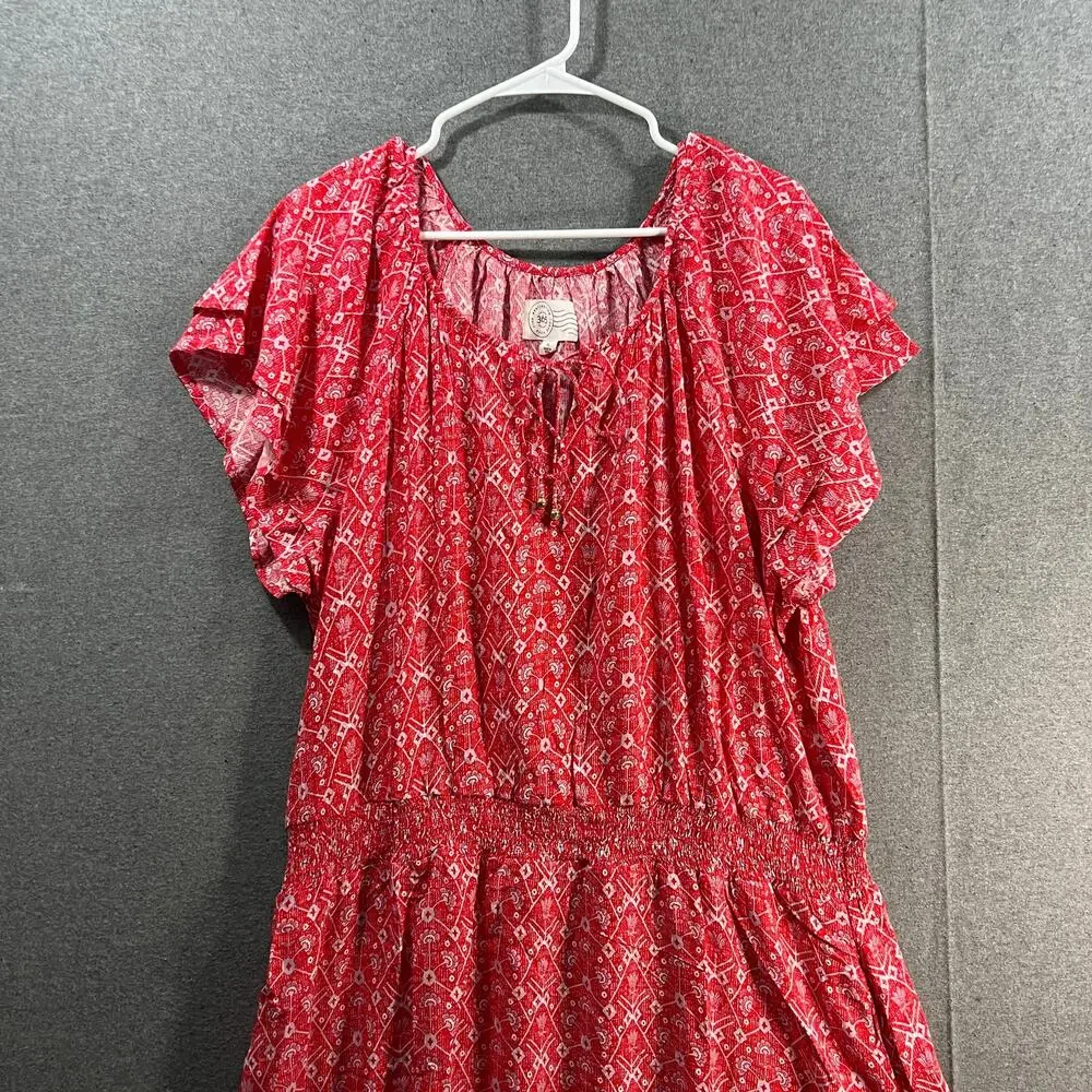 Destination 365 Printed Short-Sleeve Midi Dress with Smo Red Abstract XL